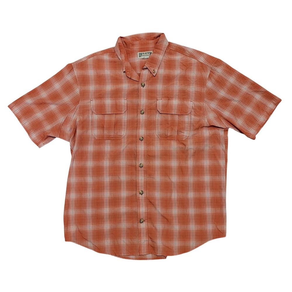Duluth Trading Co Mens XL Short Sleeve Plaid Button Down Shirt Orange Gorpcore